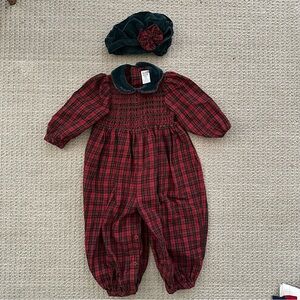Vintage Plaid Christmas Holiday Romper with Hat 18m Baby Toddler Red Green 90s